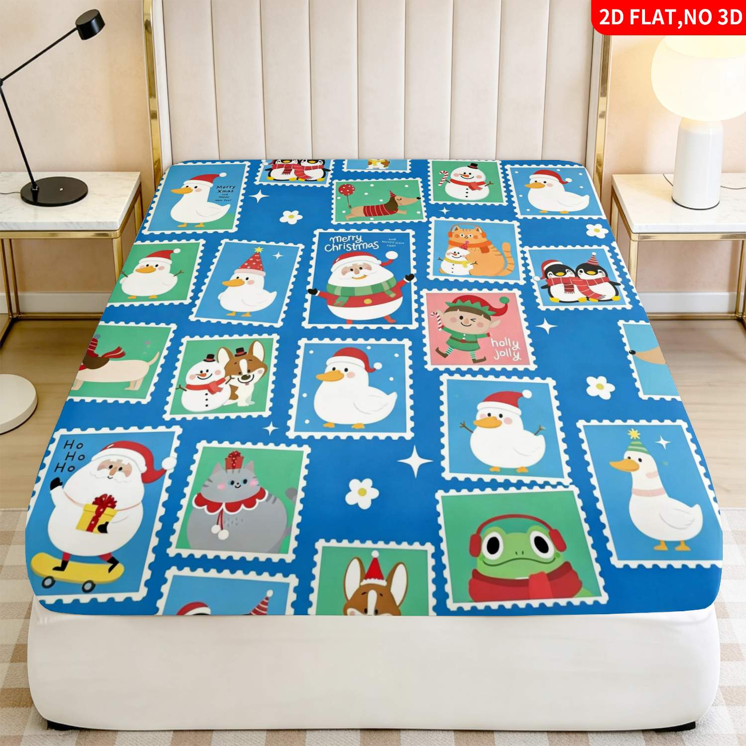 Baby Nursery Animal Theme - Christmas Animal Stamp Pattern Blue Bedding