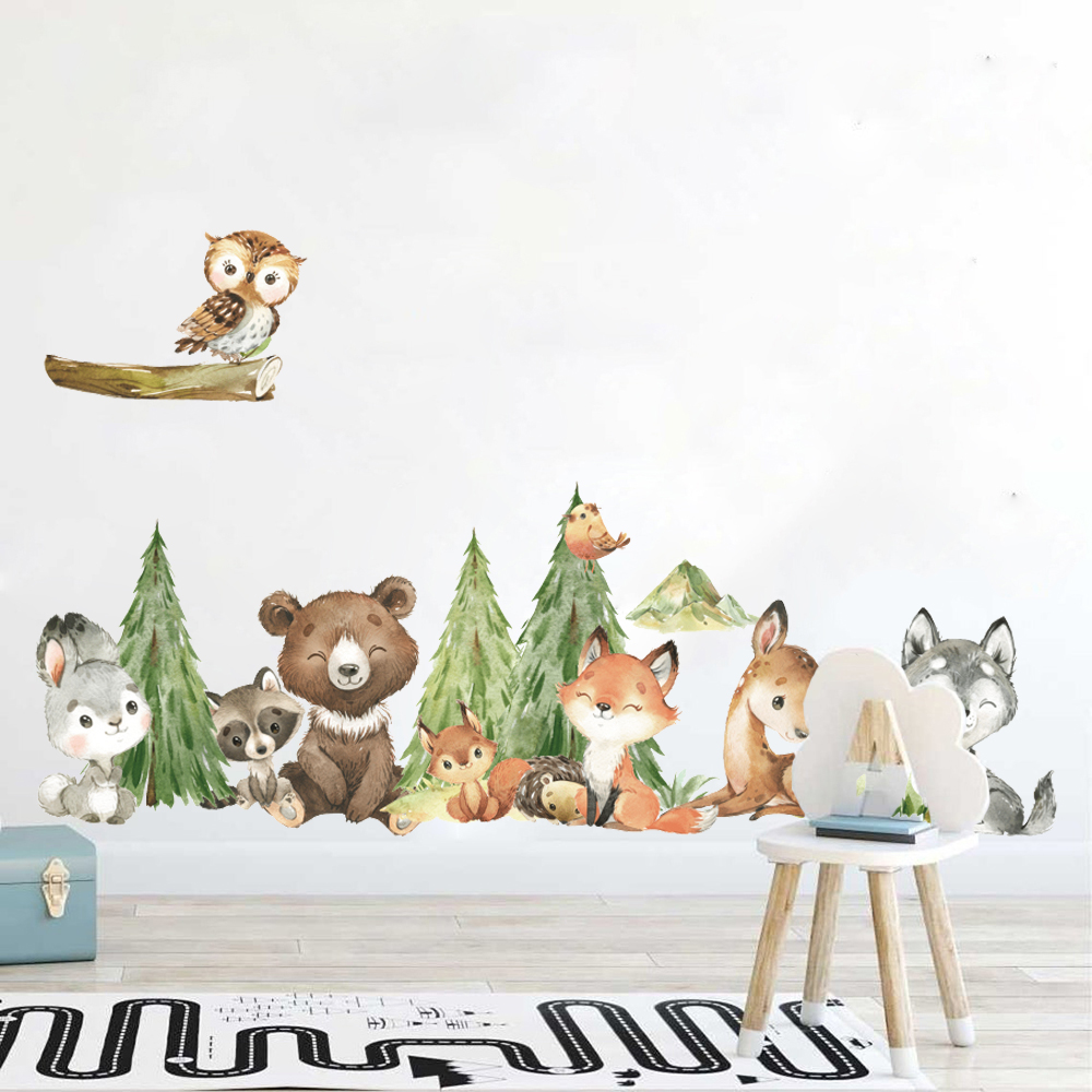 Baby Nursery Wallpaper - Cartoon Watercolor Forest Animal Wall Sticker