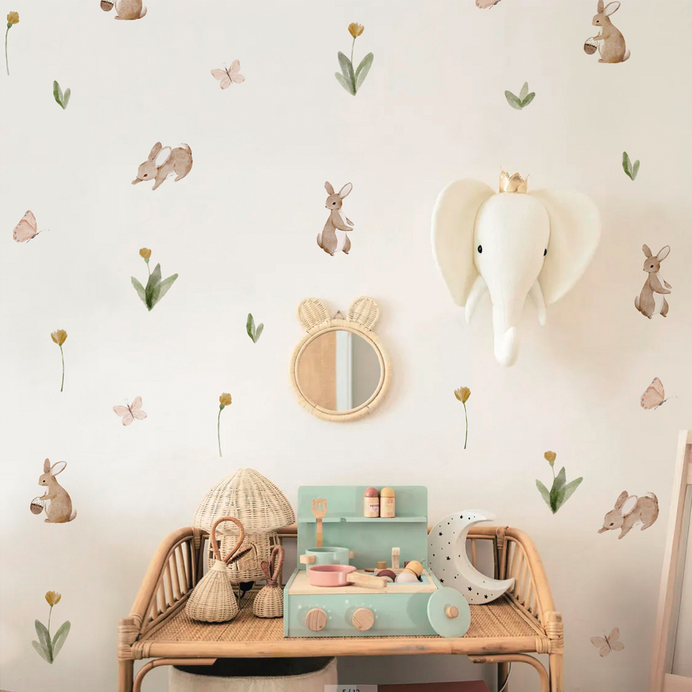 Baby Nursery Wallpaper - Summertime Watercolor Cute Bunnies and Flowers