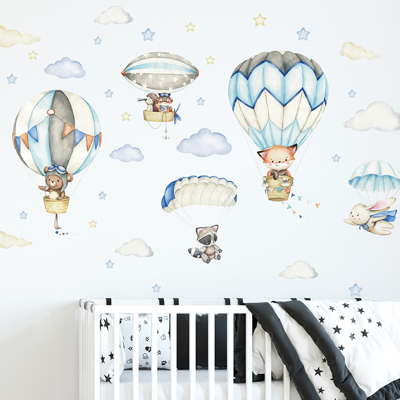 Cartoon Cute Animals Hot Air B - đánh giá và giá Baby Nursery Wallpaper