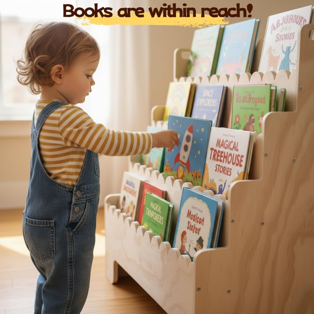 Kids Bookshelf 4-Tier, Natural - đánh giá và giá Baby Nursery Shelf